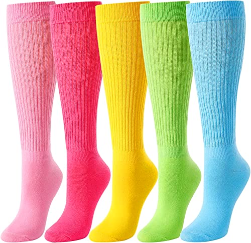 5 Pairs Cotton Long High Tube Socks, Fashion Vintage 80s Gifts, 90s Gifts, Extra Tall Heavy Socks, Fun Cute Colorful Slouch Socks for Women Girls, Scrunch Socks Women - Image 2