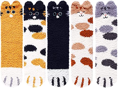 5 Pack Fuzzy Cat Paw Socks for Women Girls Gifts Cute Fun Cozy Fluffy Winter Warm Slipper Cat Socks - Image 2